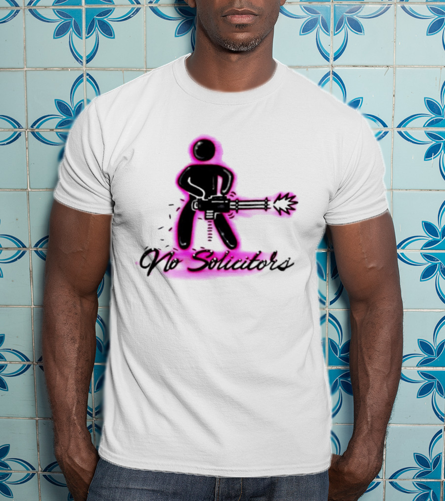 No Solicitors Stick Figure Minigun Comic T-Shirt