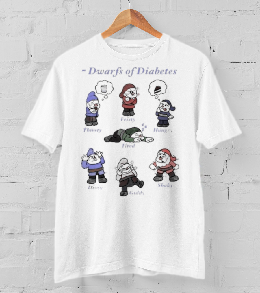 Joslin Diabetes Awareness 2026 Dwarfs Of Diabetes Parody Grumpy Sleepy Hungry Droppy Giddy Twitchy Snacky T-Shirt