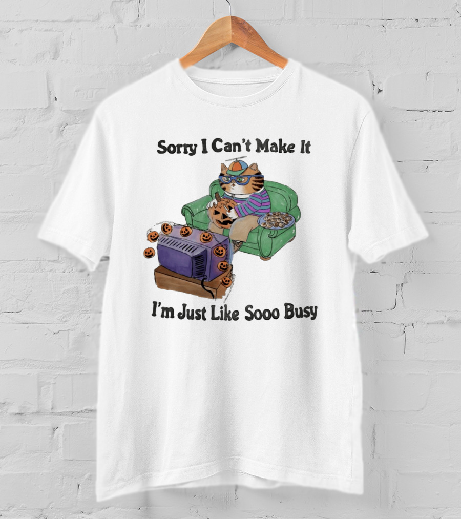Sorry I Can't Make It I'm Just Like Sooo Busy Cat Carving Pumpkin With TV And Snacks T-Shirt