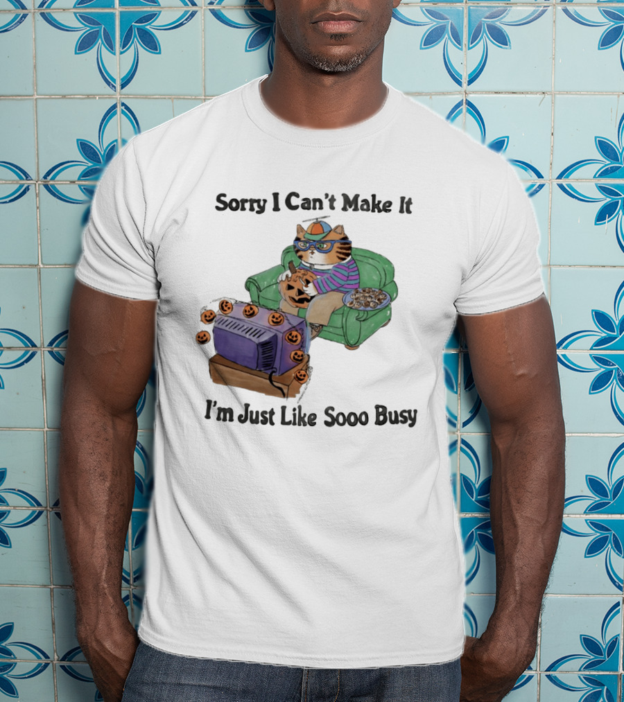 Sorry I Can't Make It I'm Just Like Sooo Busy Cat Carving Pumpkin With TV And Snacks T-Shirt