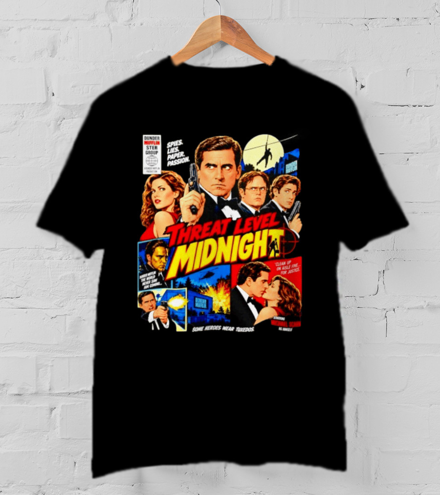 Threat Level Midnight Spies Lies Paper Passion Dunder Mifflin Group Heroes Tuxedos T-Shirt