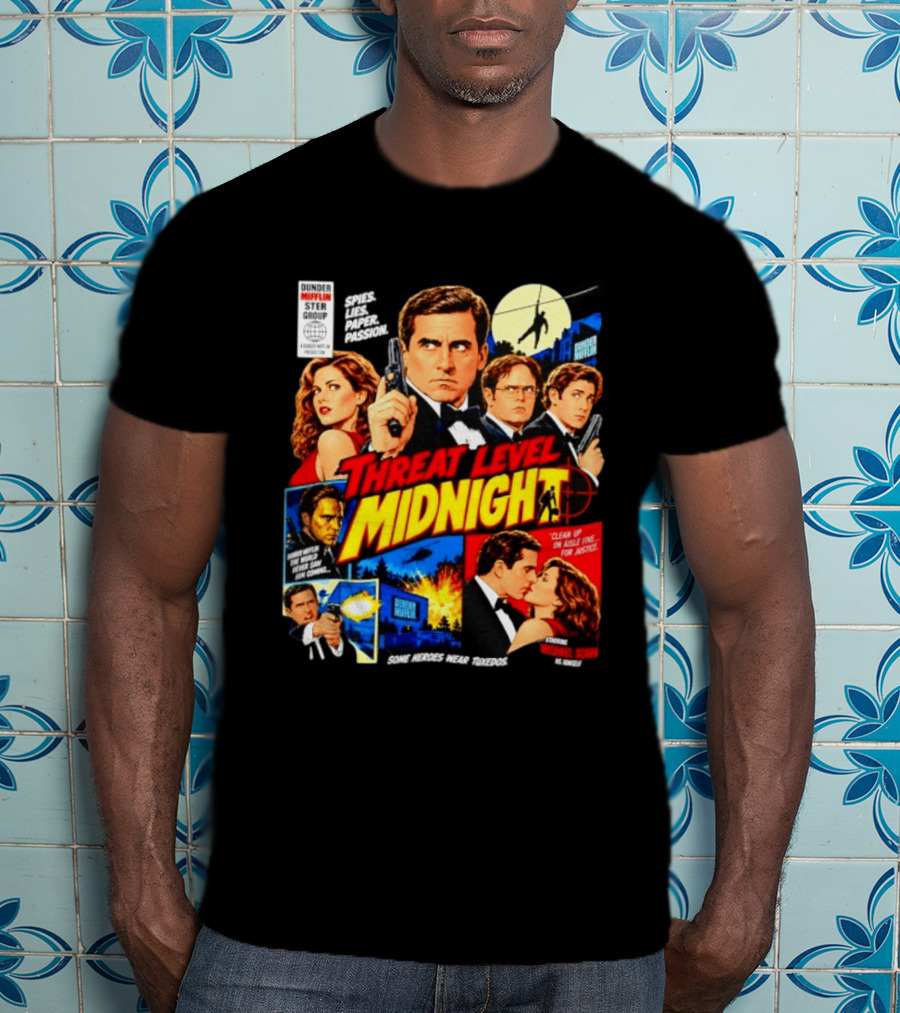 Threat Level Midnight Spies Lies Paper Passion Dunder Mifflin Group Heroes Tuxedos T-Shirt