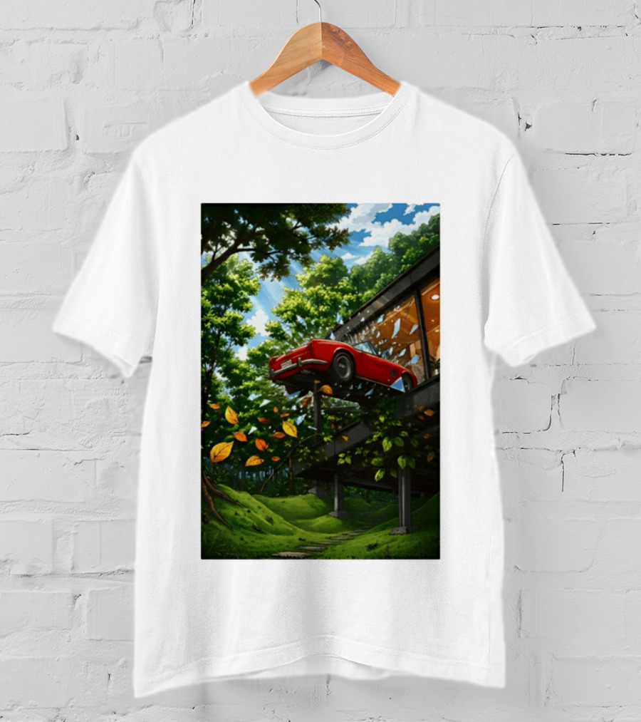 FIB I'll Take It I Want It Red Car Breaking Glass Forest Scene T-Shirt