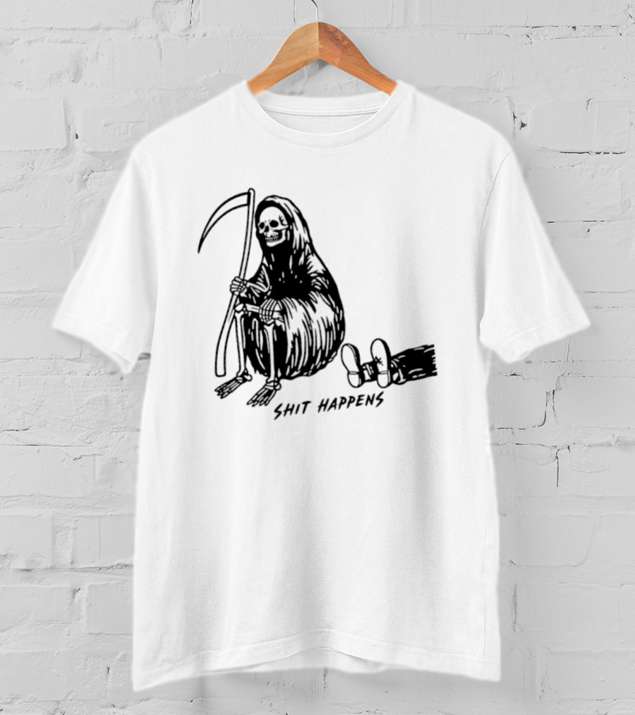 Grim Reaper Shit Happens Sitting With Scythe And Fallen Tricycle T-Shirt