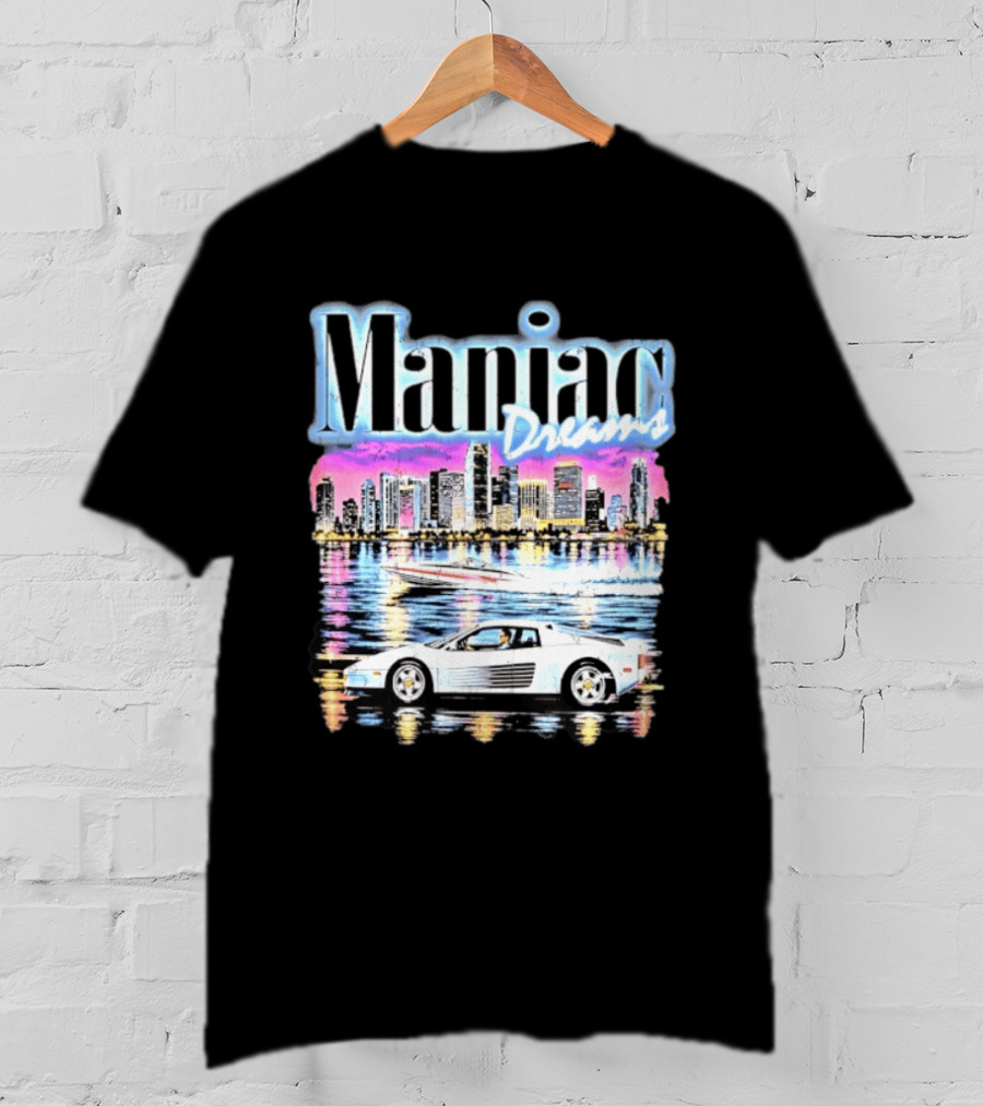 Maniac Dreams City Skyline Sports Car Speedboat T-Shirt