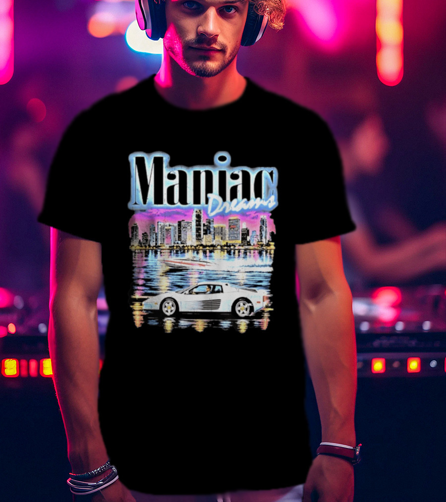 Maniac Dreams City Skyline Sports Car Speedboat T-Shirt