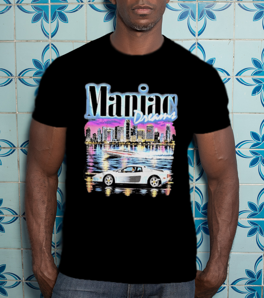 Maniac Dreams City Skyline Sports Car Speedboat T-Shirt