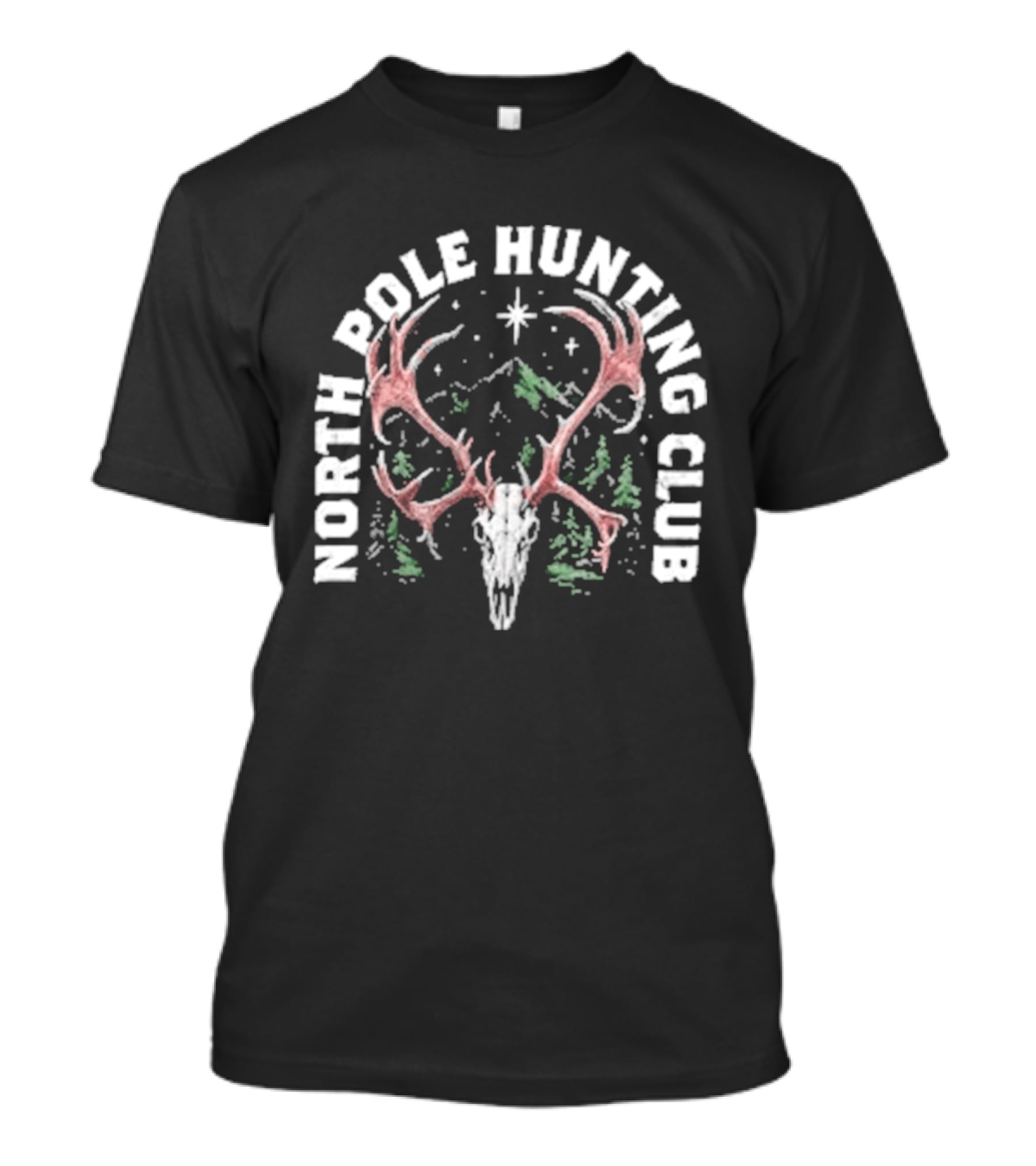 North Pole Hunting Club Skull Antlers Mountain Star Forest T-Shirt
