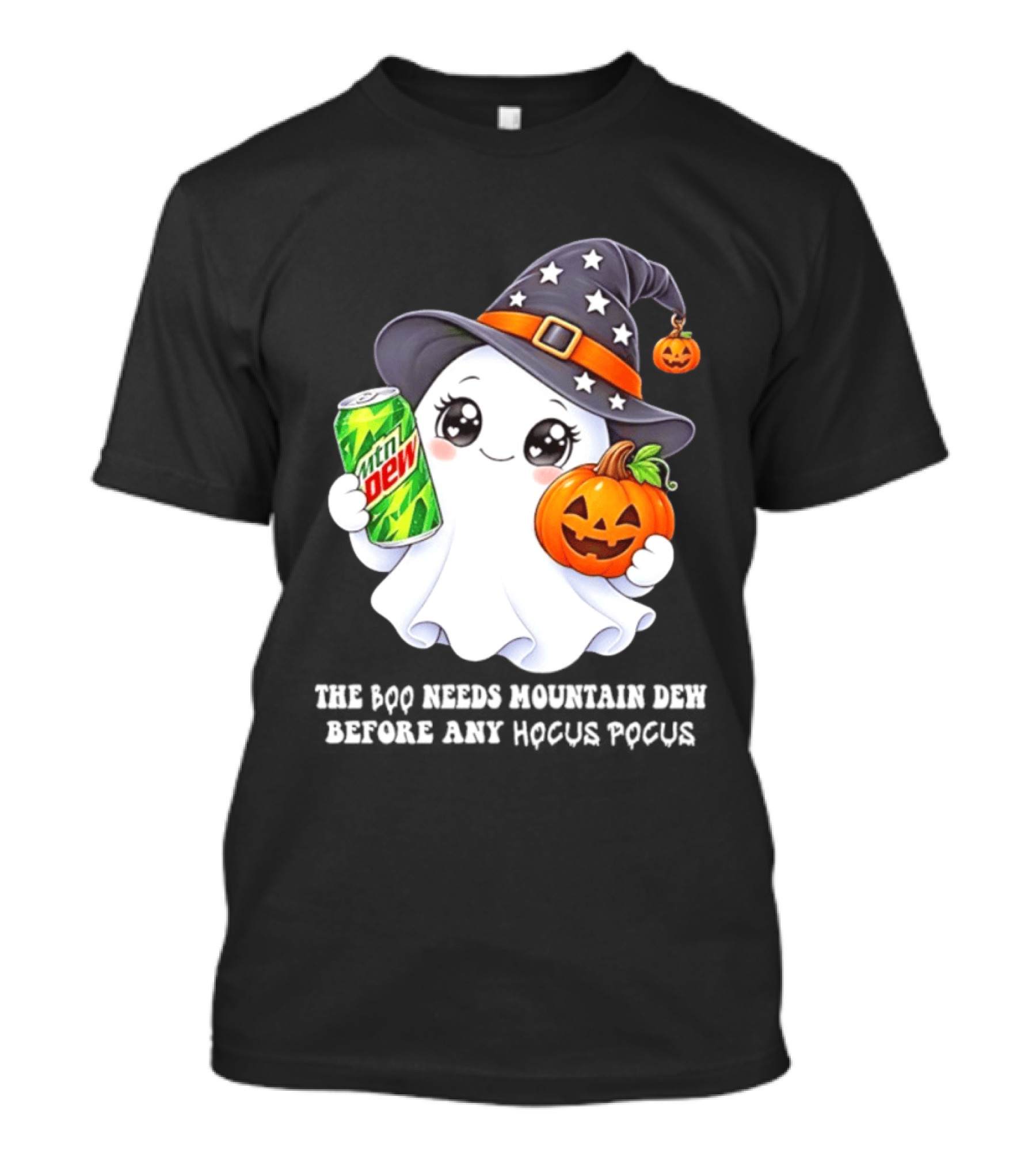 The Boo Needs Mountain Dew With Witch Hat And Pumpkin Ghost T-Shirt