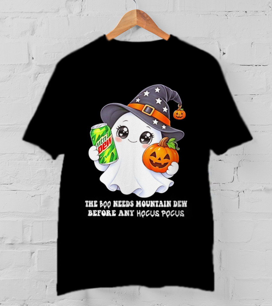The Boo Needs Mountain Dew With Witch Hat And Pumpkin Ghost T-Shirt