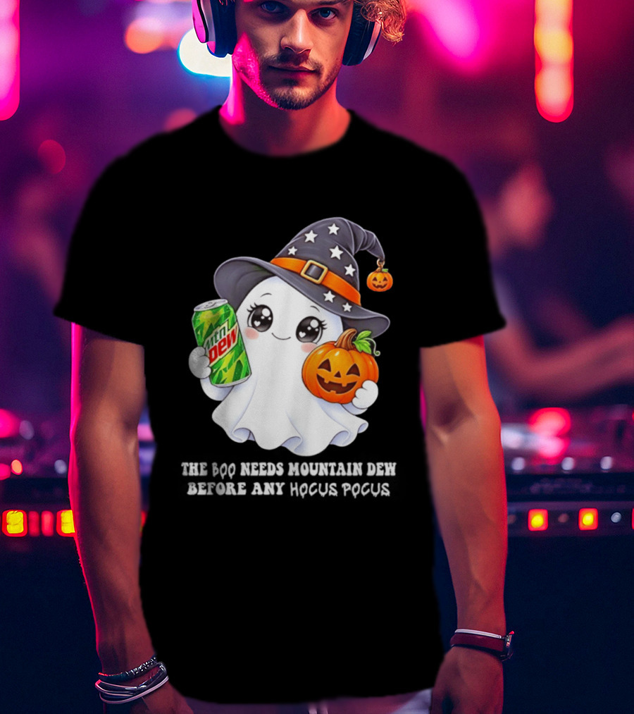 The Boo Needs Mountain Dew With Witch Hat And Pumpkin Ghost T-Shirt