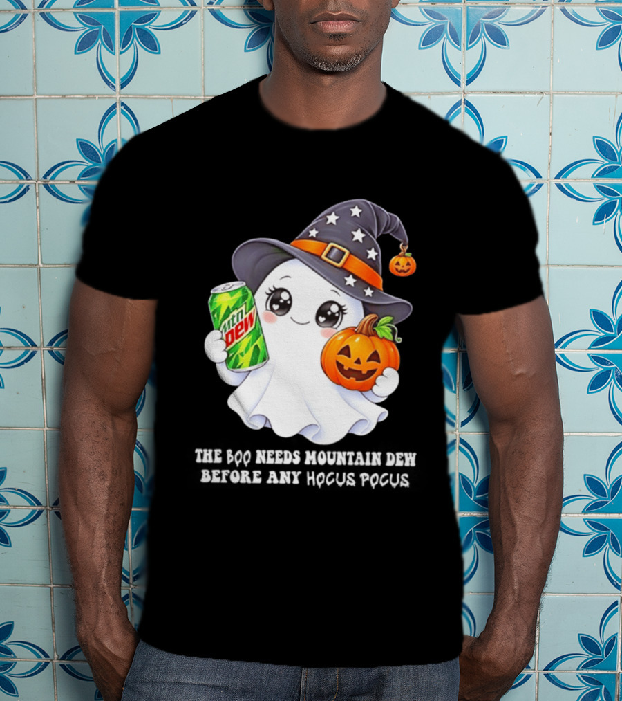 The Boo Needs Mountain Dew With Witch Hat And Pumpkin Ghost T-Shirt