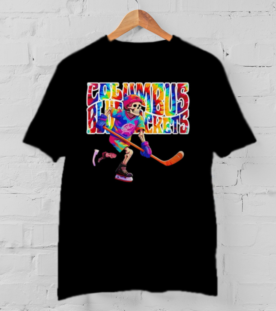 Columbus Blue Jackets Grateful Dead Tie-Dye Skeleton Hockey Player T-Shirt