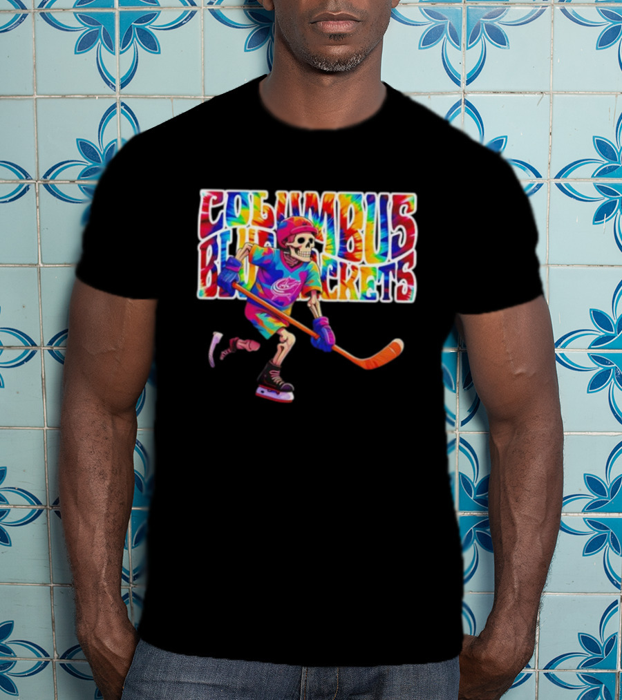 Columbus Blue Jackets Grateful Dead Tie-Dye Skeleton Hockey Player T-Shirt