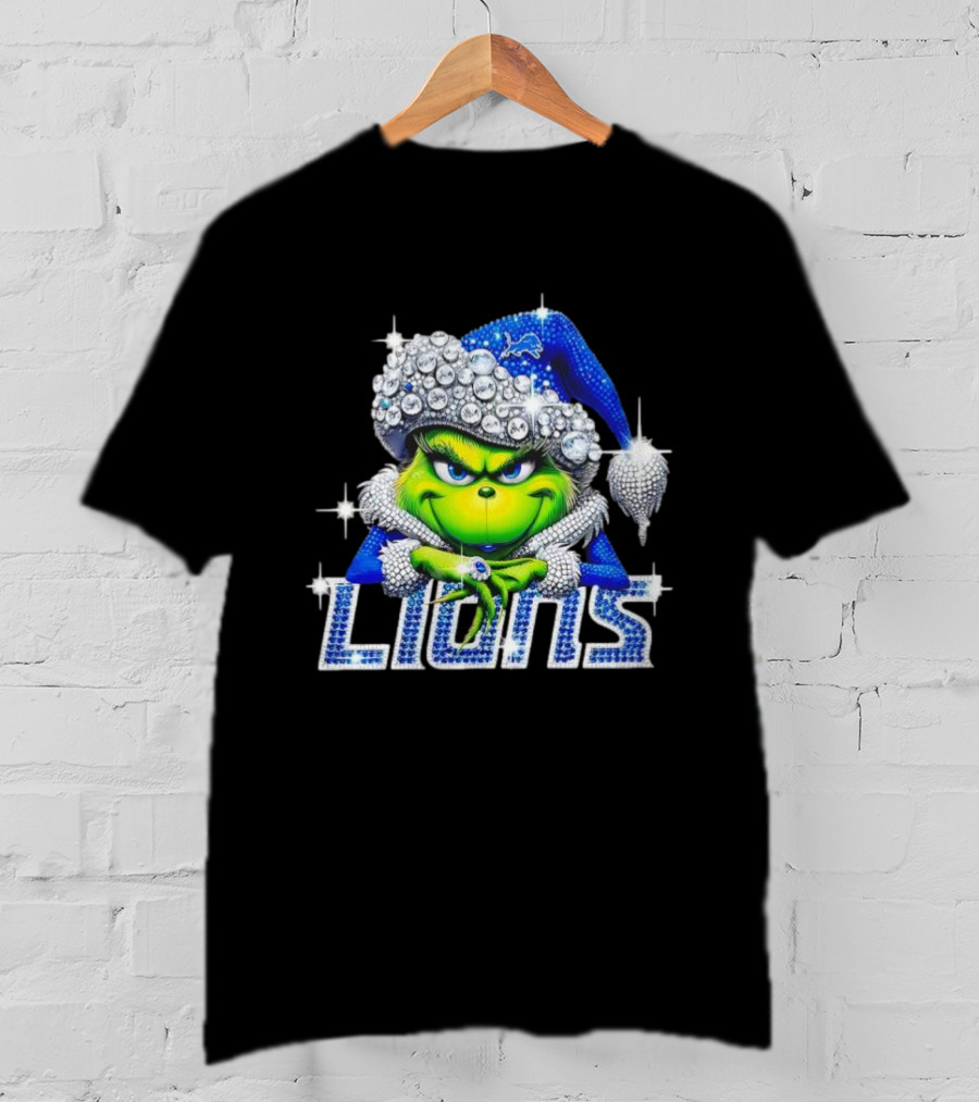 Detroit Lions Grinch Bling Santa Hat Christmas T-Shirt