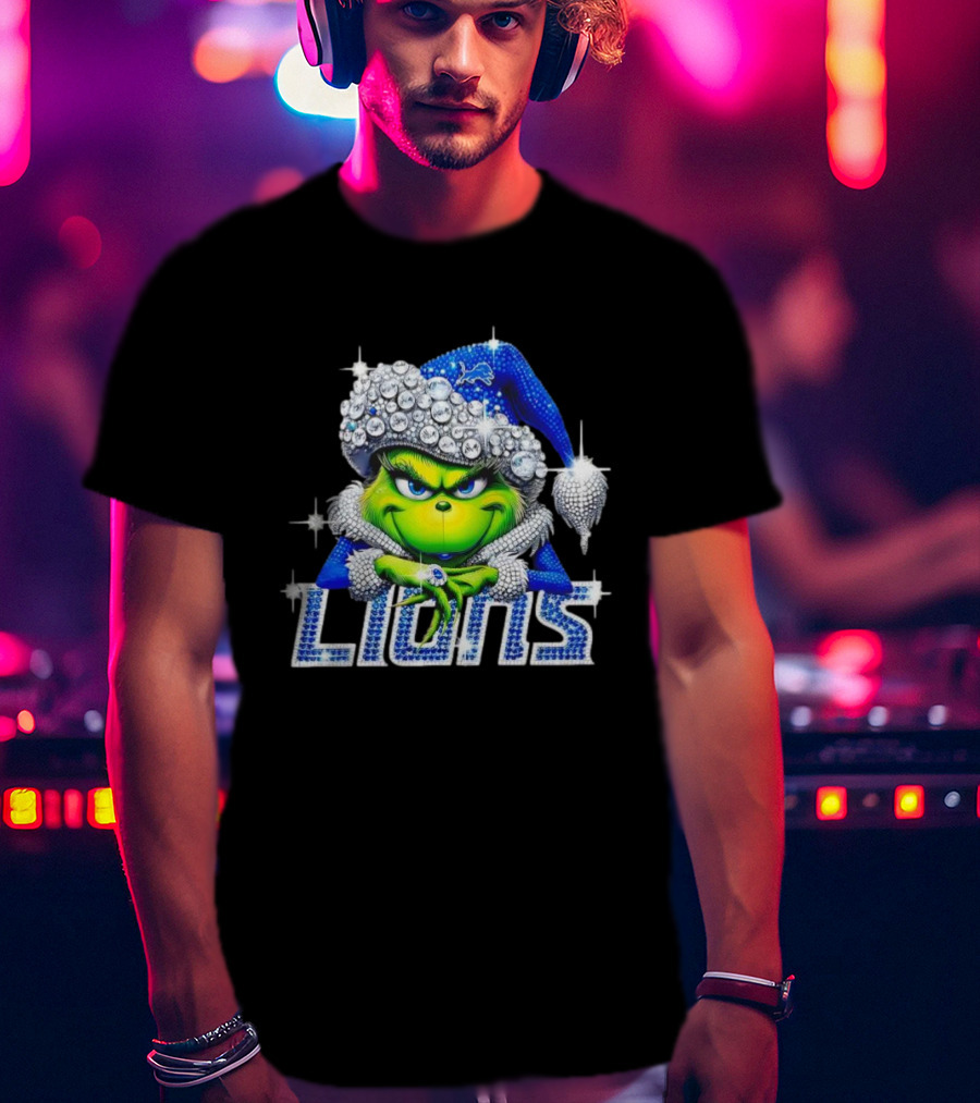 Detroit Lions Grinch Bling Santa Hat Christmas T-Shirt