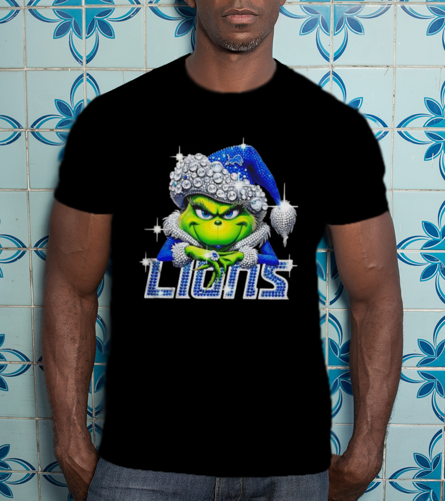 Detroit Lions Grinch Bling Santa Hat Christmas T-Shirt