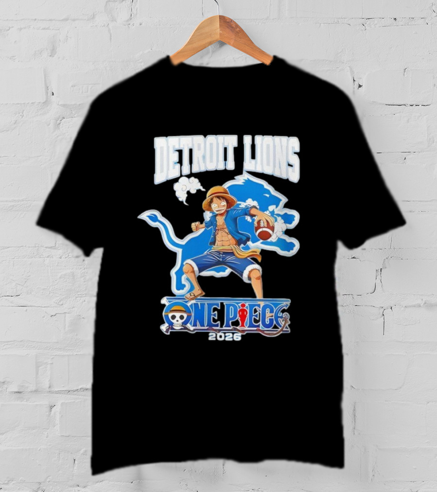 Detroit Lions One Piece Collaboration 2026 Luffy Crossover Football T-Shirt