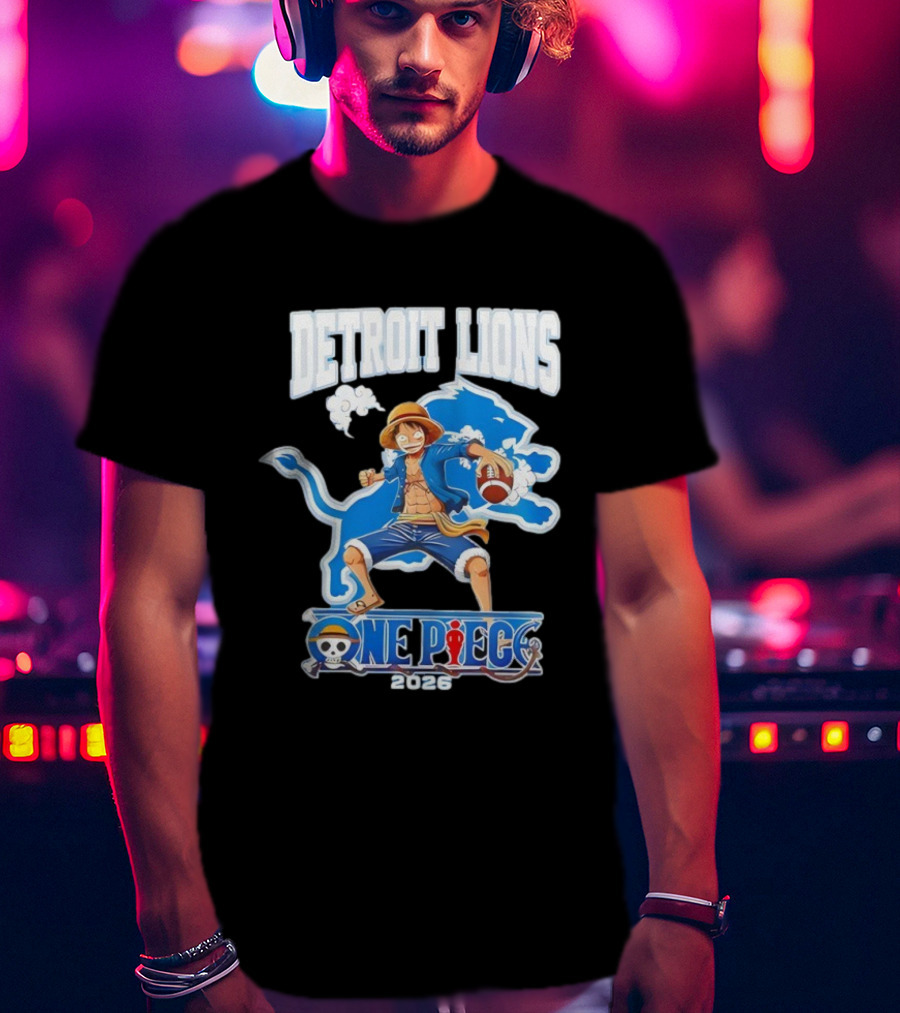 Detroit Lions One Piece Collaboration 2026 Luffy Crossover Football T-Shirt