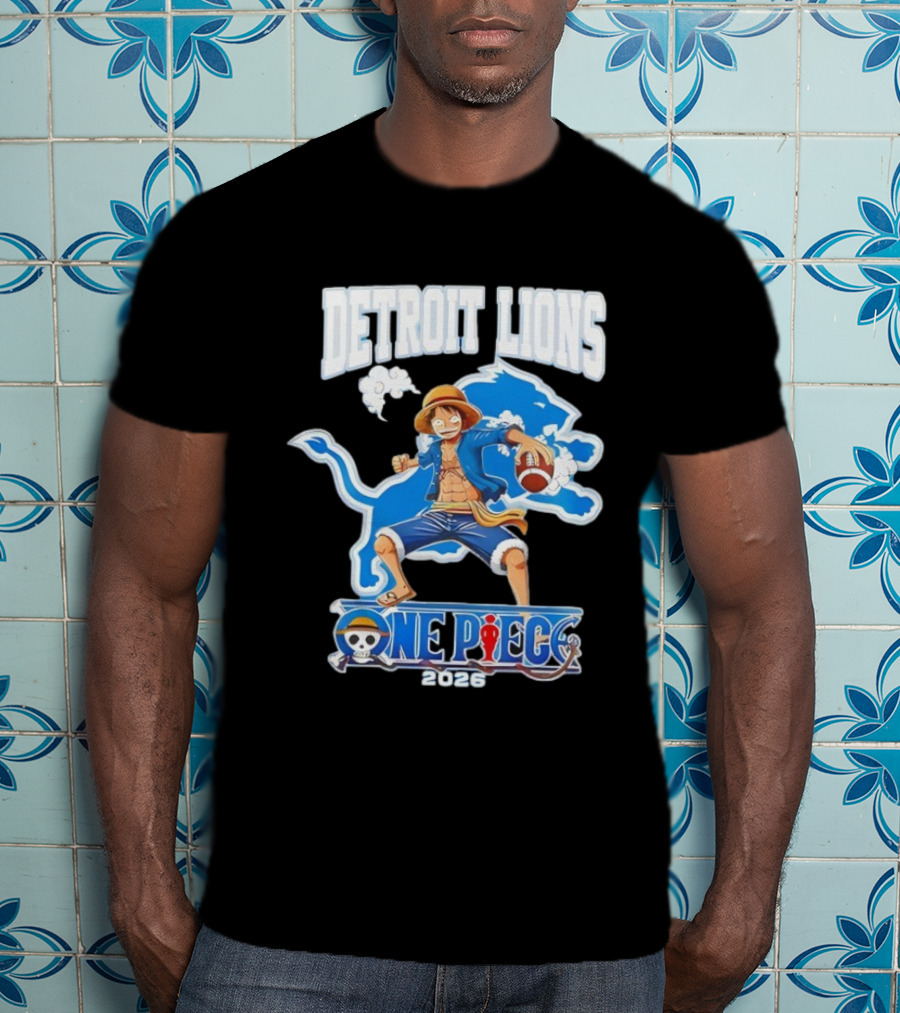 Detroit Lions One Piece Collaboration 2026 Luffy Crossover Football T-Shirt