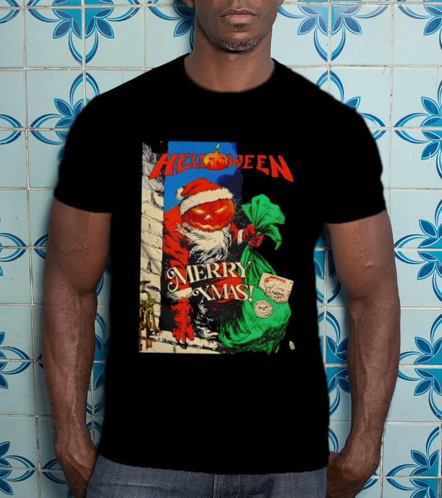 Helloween Merry Xmas Pumpkin Santa Halloween Christmas Fusion T-Shirt