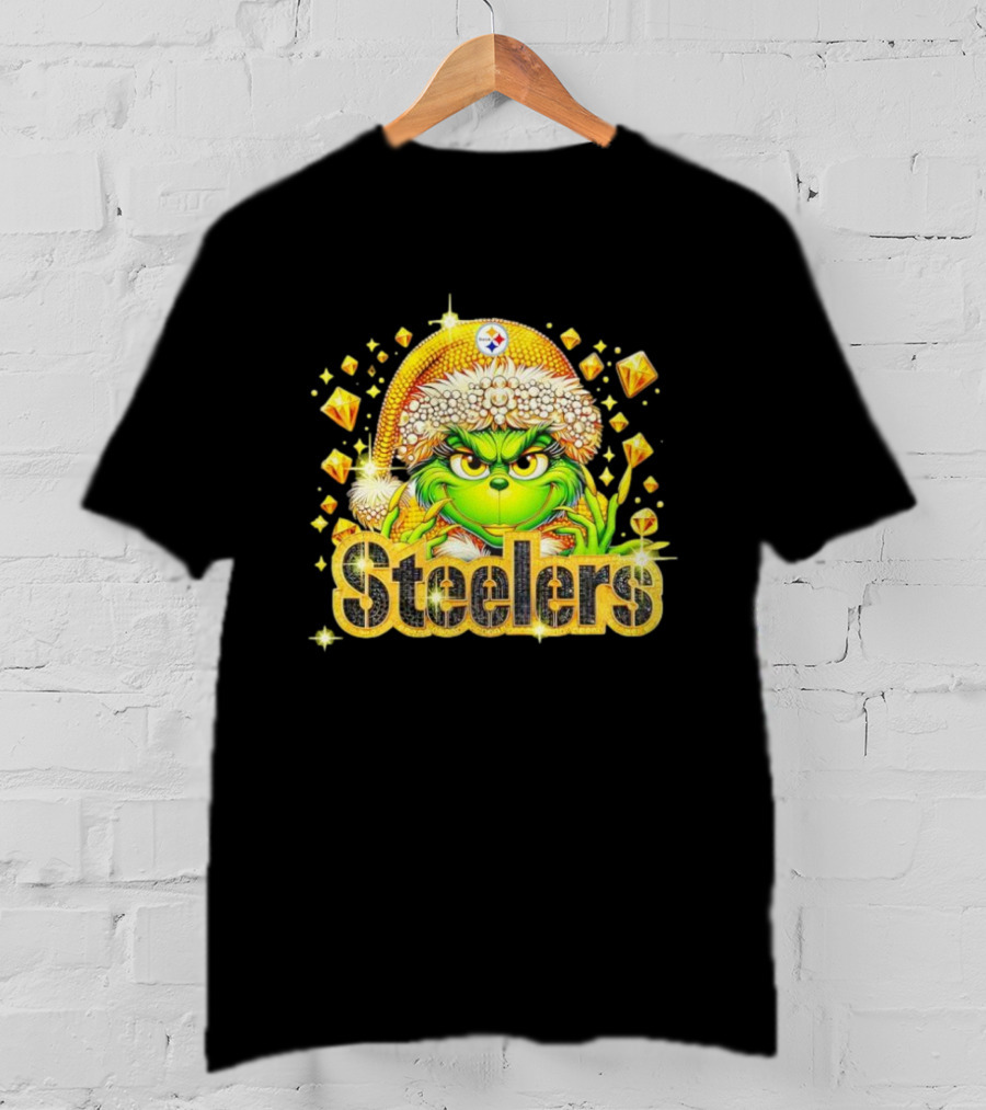 Pittsburgh Steelers Grinch Christmas Bling Santa Hat Holiday Merchandise T-Shirt