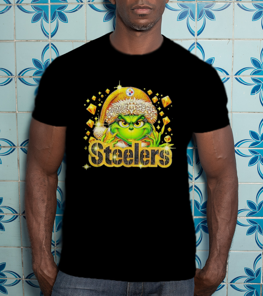 Pittsburgh Steelers Grinch Christmas Bling Santa Hat Holiday Merchandise T-Shirt