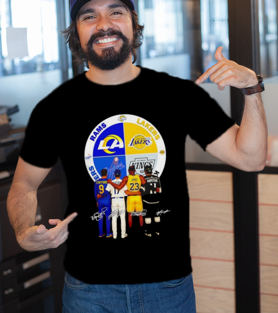 Los Angeles Rams Lakers Dodgers Kings Major Players Stafford Kershaw James Kopitar Signatures T-Shirt