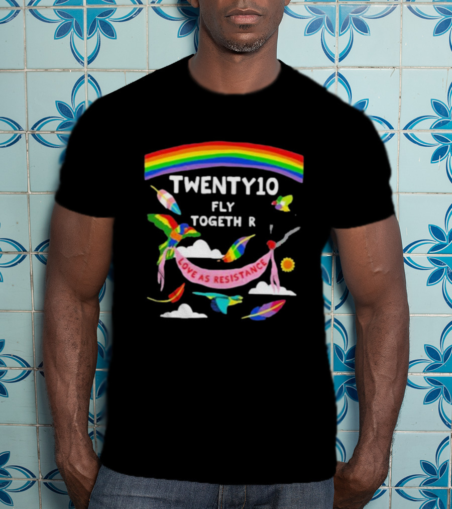 TWENTY10 Fly Together Love Is Resistance Rainbow Birds Clouds Sun T-Shirt