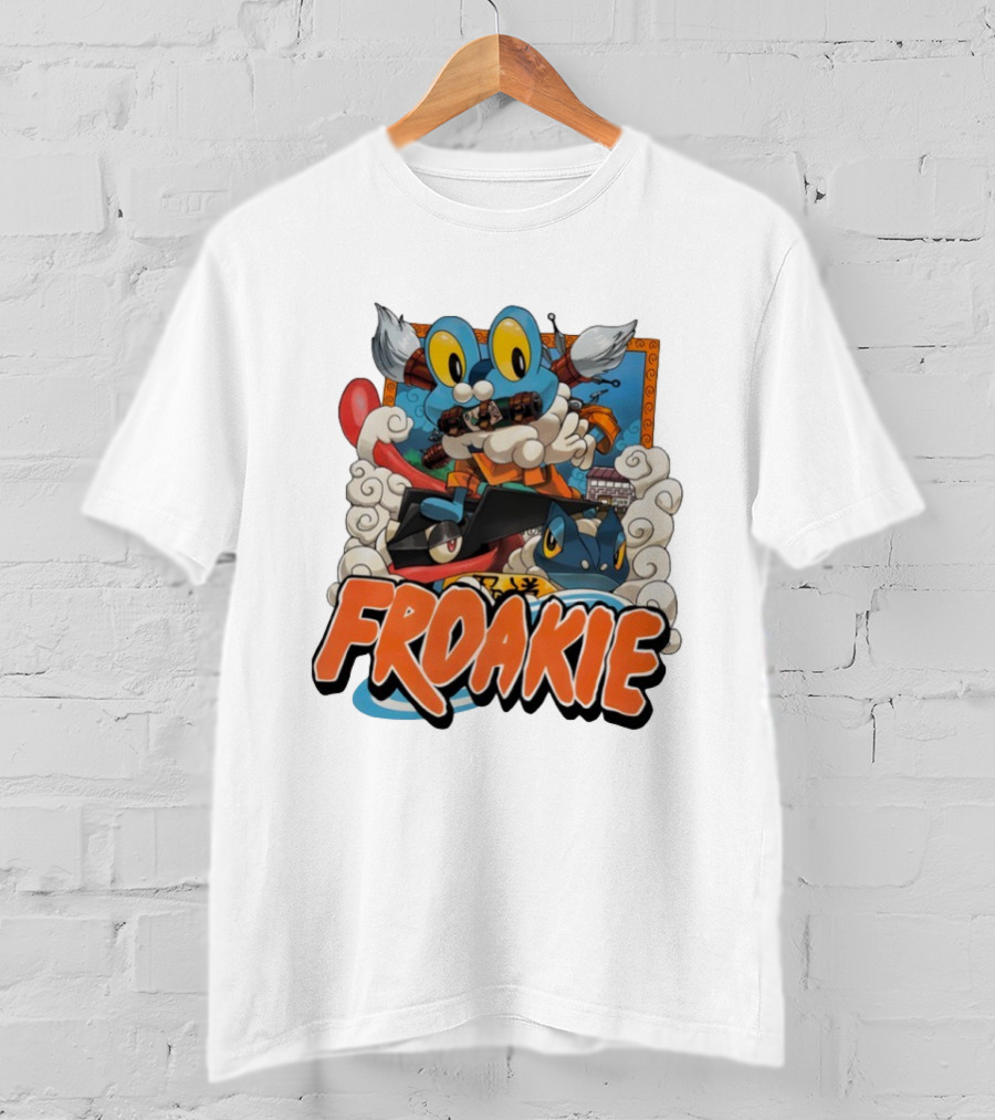 Froakie Ninja Adventure With Playful Clouds And Energetic Vibes T-Shirt