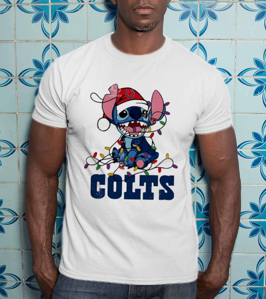 Indianapolis Colts Stitch Christmas Lights NFL Fan Art T-Shirt
