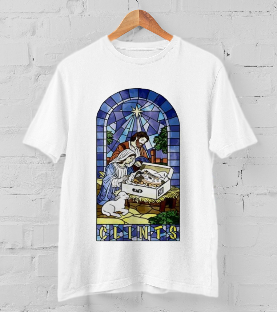 Nativity Stained Glass Clints Jesus Scene With Sneakers T-Shirt