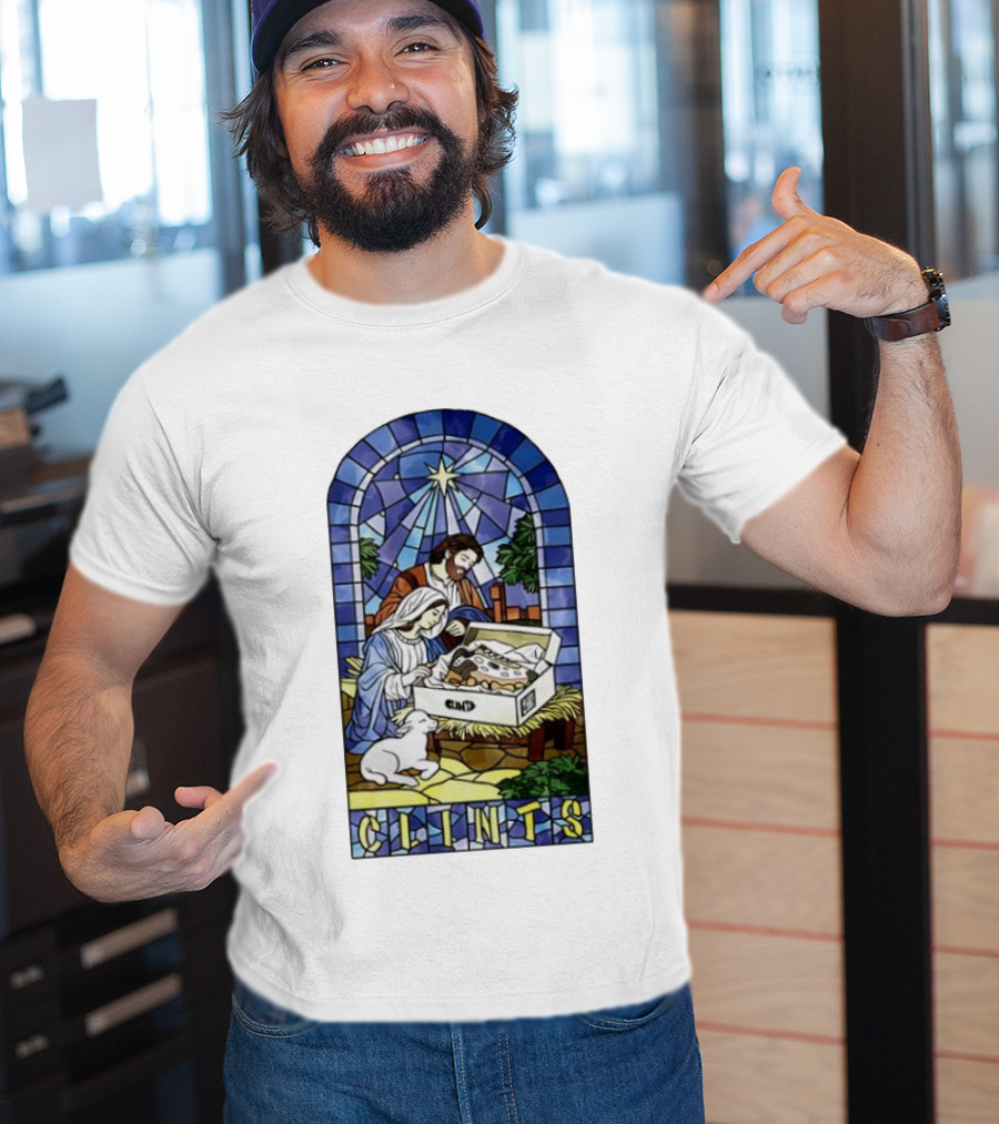 Nativity Stained Glass Clints Jesus Scene With Sneakers T-Shirt