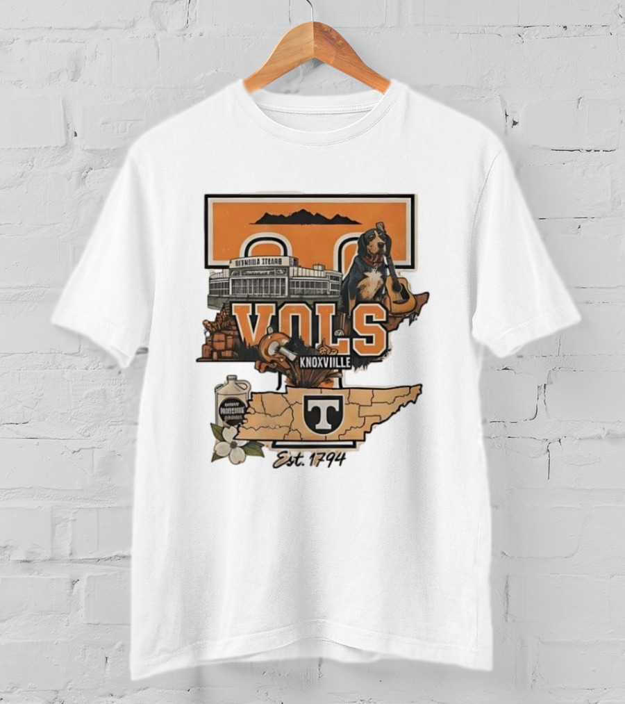 University Of Tennessee Volunteers Knoxville Vols Neyland Stadium Smokey Mascot Est 1794 Map Outline T-Shirt