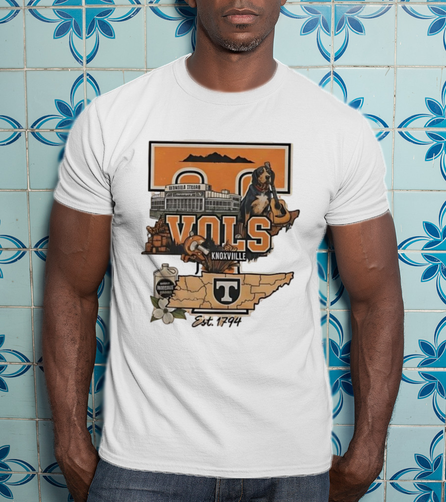 University Of Tennessee Volunteers Knoxville Vols Neyland Stadium Smokey Mascot Est 1794 Map Outline T-Shirt