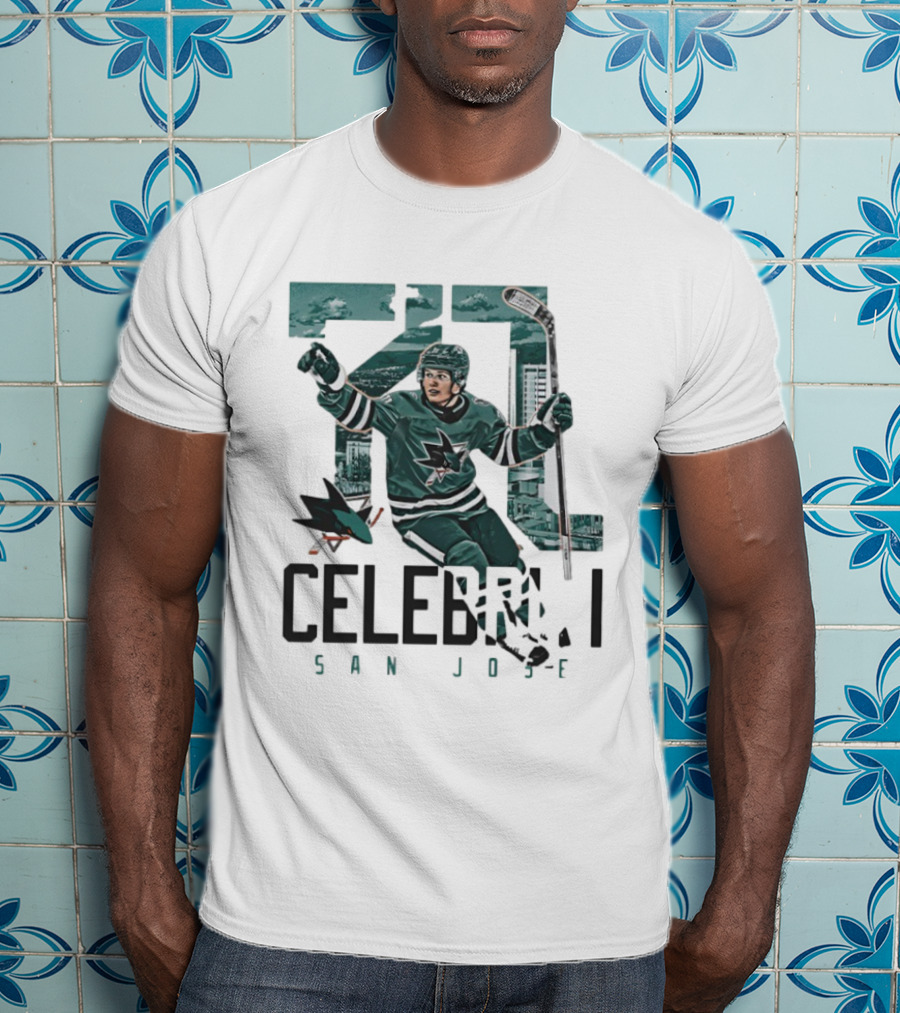 San Jose Sharks 71 Celebrini Landmark Skyline Hockey T-Shirt