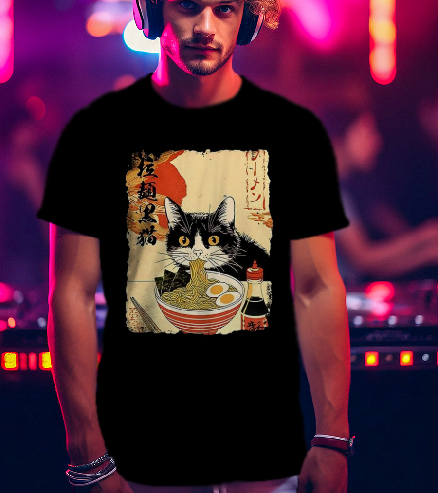 Japanese Black Cat Ramen Ukiyo E Retro Style With Kanji T-Shirt