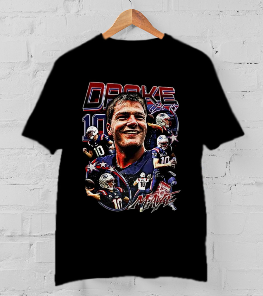 Drake Maye 10 New England Patriots NFL Vintage Signature T-Shirt