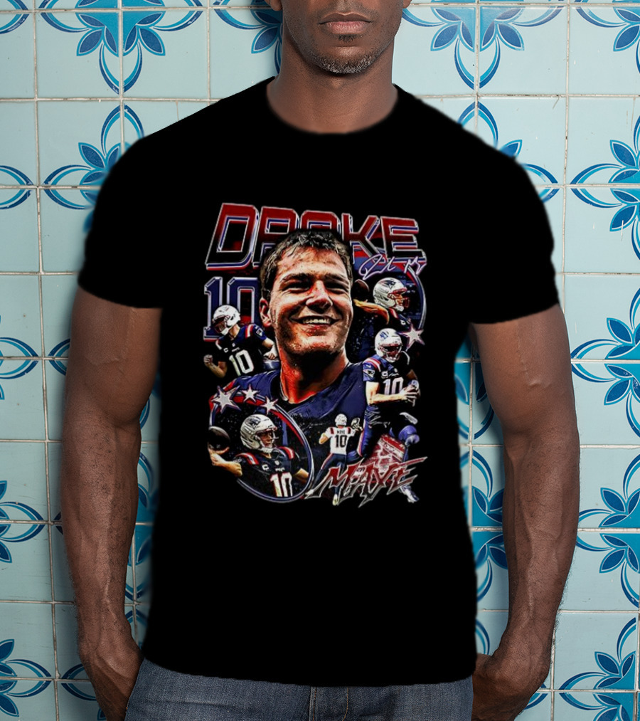 Drake Maye 10 New England Patriots NFL Vintage Signature T-Shirt
