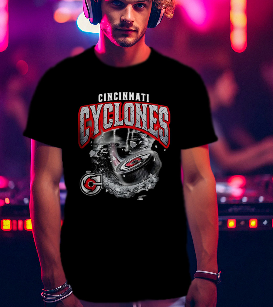 Cincinnati Cyclones Ice Hockey Storm Warning Puck Shattering Ice T-Shirt
