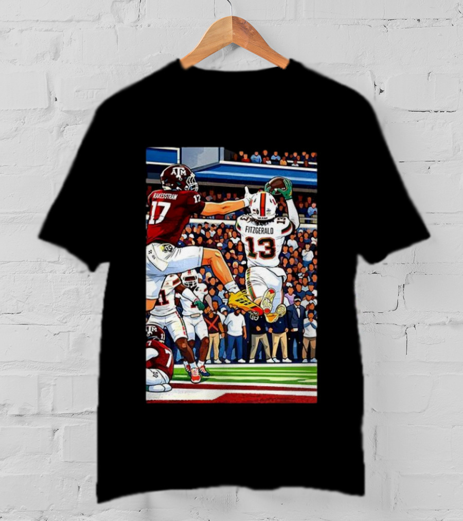Miami Hurricanes Rakestraw 17 Vs Texas A&M Aggies Fitzgerald 13 NCAA CFP 2025 Match Football Action T-Shirt