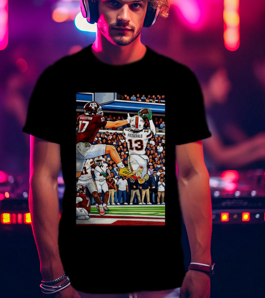 Miami Hurricanes Rakestraw 17 Vs Texas A&M Aggies Fitzgerald 13 NCAA CFP 2025 Match Football Action T-Shirt