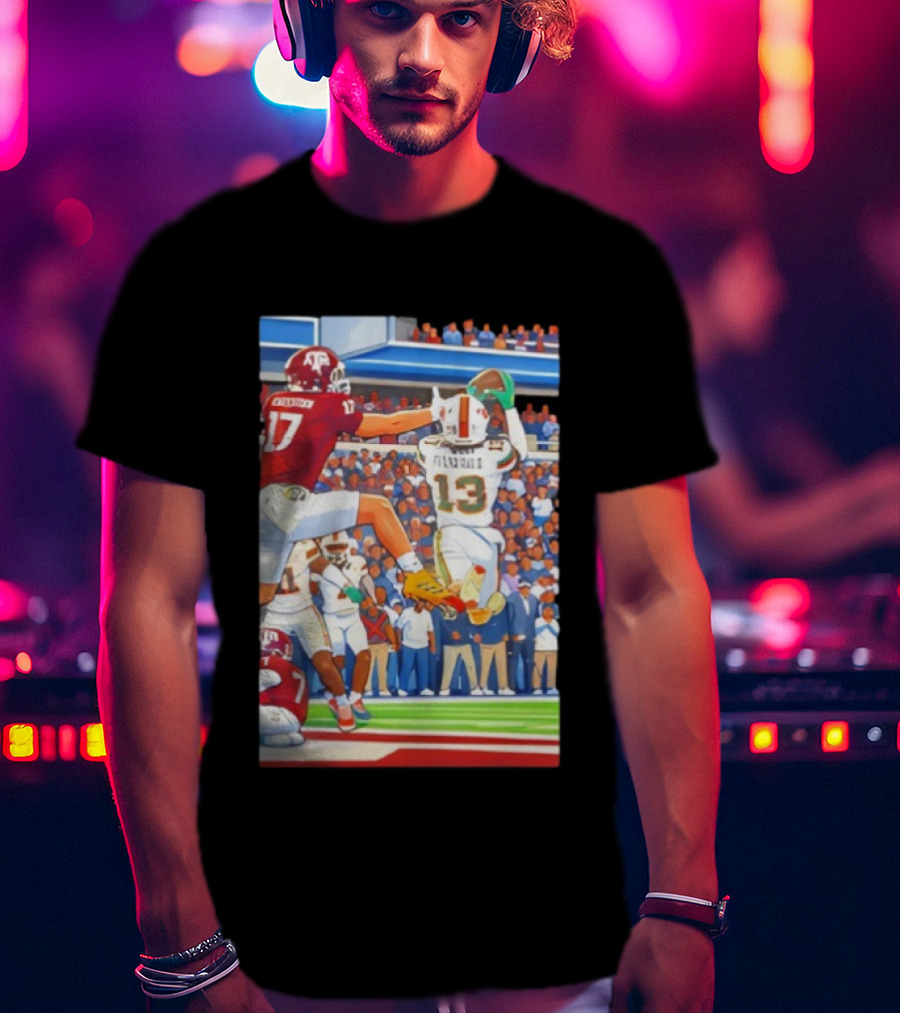 Miami Hurricanes Vs Texas A&M Football Game Fitzgerald 13 Rakestraw 17 Stadium Scene T-Shirt