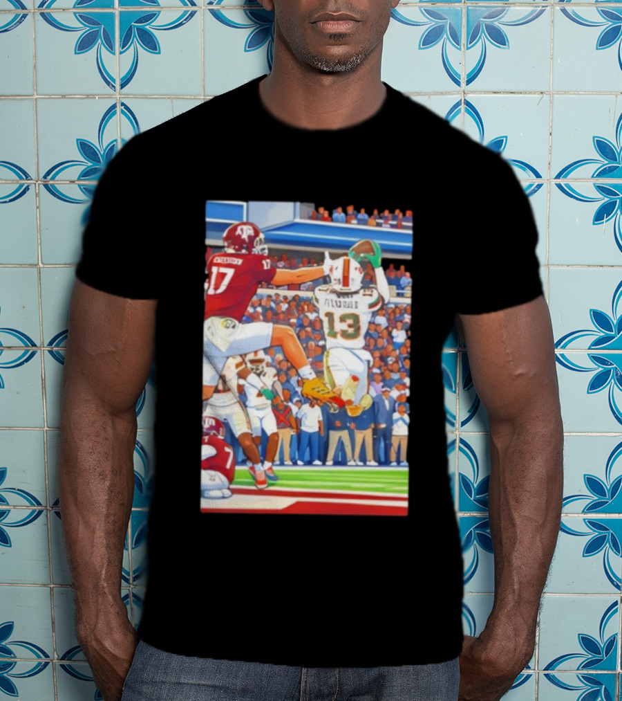 Miami Hurricanes Vs Texas A&M Football Game Fitzgerald 13 Rakestraw 17 Stadium Scene T-Shirt