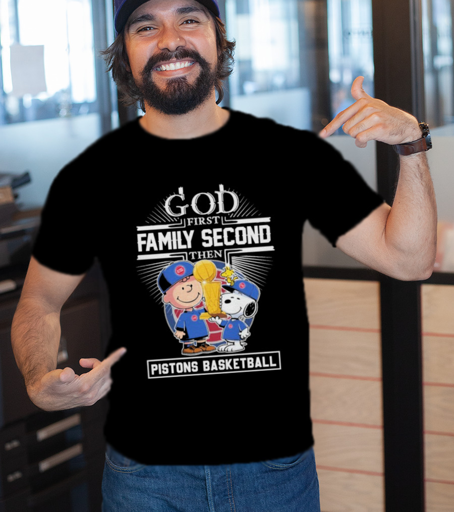 God First Family Second Then Pistons Basketball Snoopy Charlie Brown Trophy T-Shirt