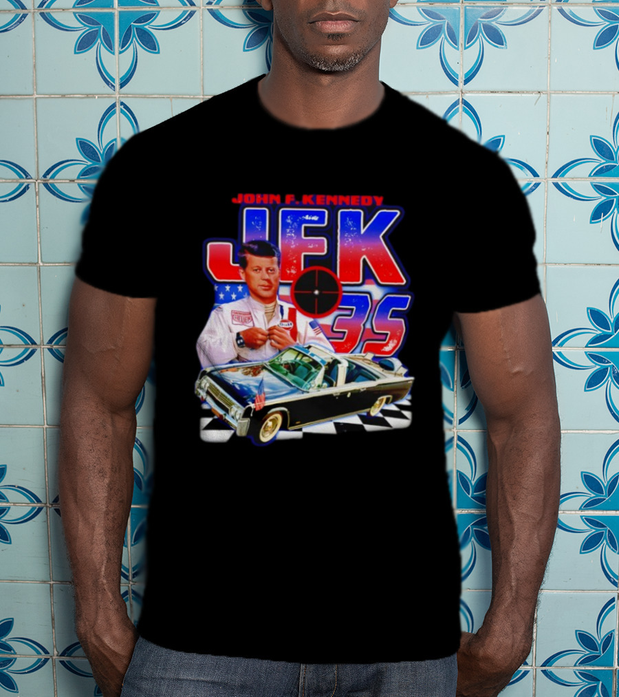 John F. Kennedy JFK 35 Racer Car USA Flag T-Shirt