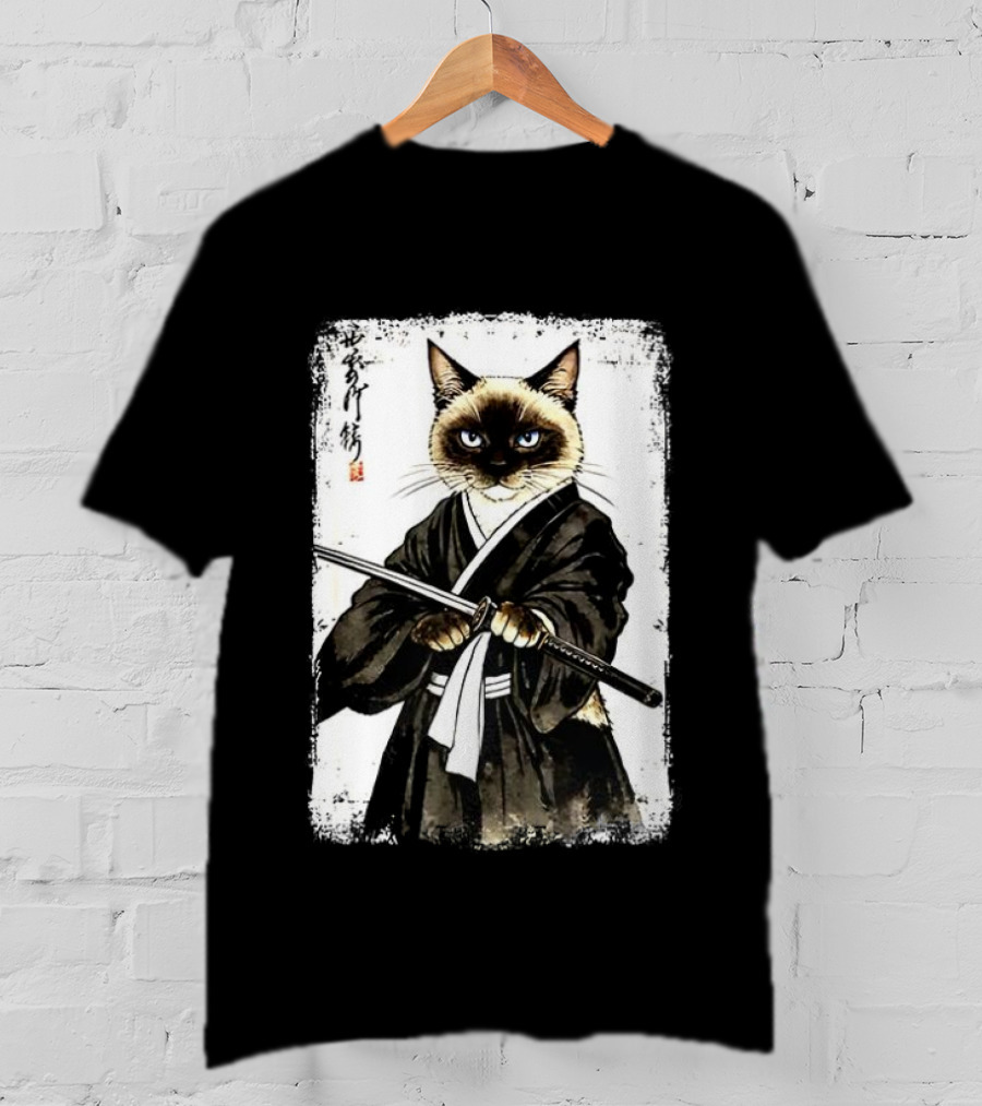 Siamese Cat Samurai Warrior Japanese Vantage Painting Kanji T-Shirt