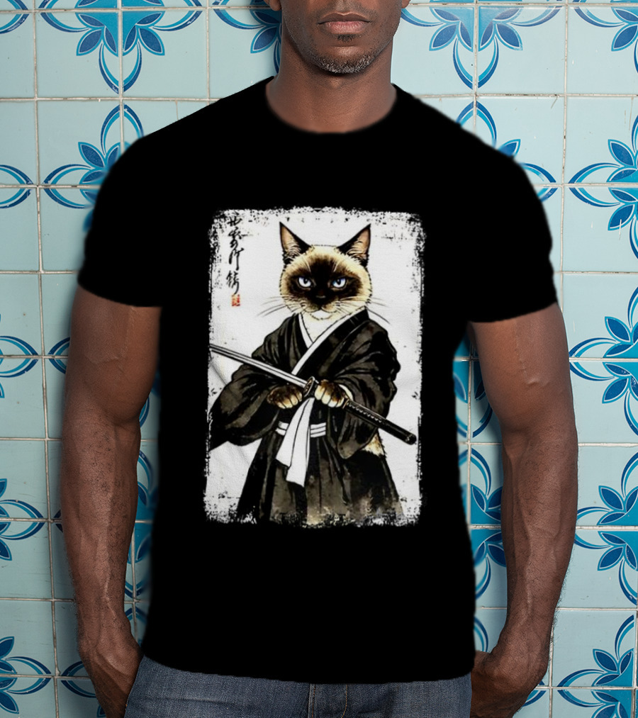 Siamese Cat Samurai Warrior Japanese Vantage Painting Kanji T-Shirt