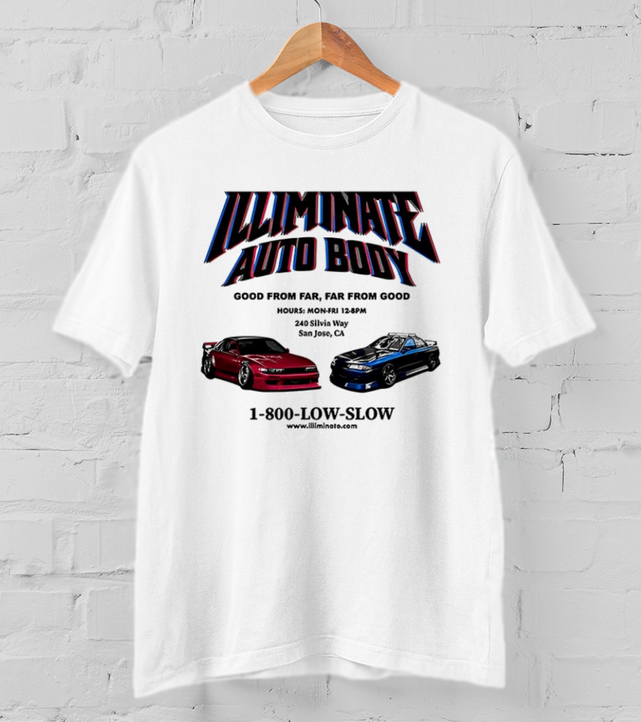 Illiminate Auto Body Good From Far Far From Good Retro Red Blue Car T-Shirt