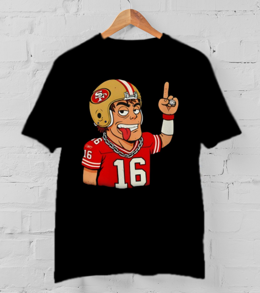 Legendary Quarterback Joe Montana #16 San Francisco 49ers Cartoon Helmet Tongue Out T-Shirt